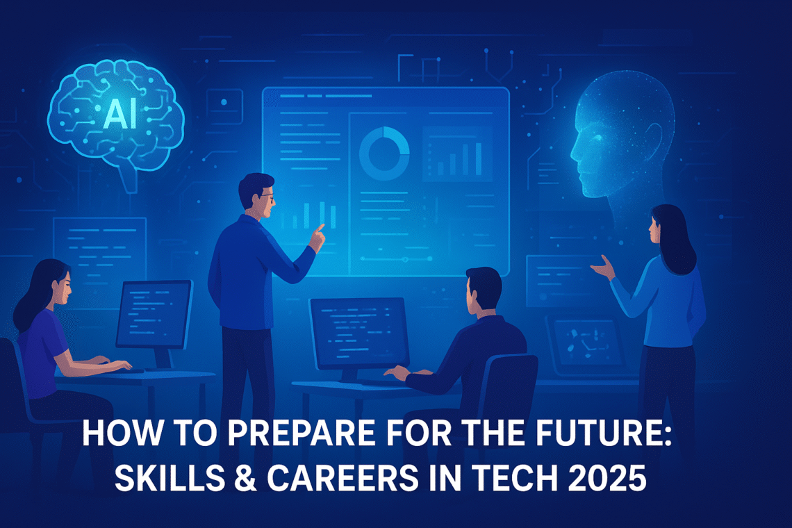 Professionals learning tech skills for the future 2025 in a futuristic digital workspace