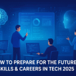 Professionals learning tech skills for the future 2025 in a futuristic digital workspace