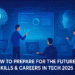 Professionals learning tech skills for the future 2025 in a futuristic digital workspace
